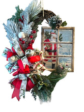 Load image into Gallery viewer, Vintage Santa in Window Wreath, Pine Wreath, Christmas Wreath, Christmas Decor