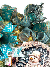 Load image into Gallery viewer, Blue and Gold Snowman Wreath with lights, Winter Wreath, Christmas Wreath