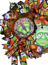 Load image into Gallery viewer, Frankenstein Wreath, Halloween Wreath, Trick or Treat Smell My Feet