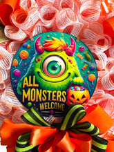 Load image into Gallery viewer, All Monsters Welcome Green Monster Wreath, Halloween Wreath, Halloween Decor