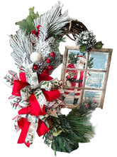 Load image into Gallery viewer, Vintage Santa in Window Wreath, Pine Wreath, Christmas Wreath, Christmas Decor