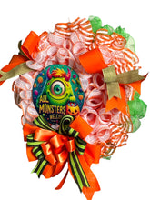 Load image into Gallery viewer, All Monsters Welcome Green Monster Wreath, Halloween Wreath, Halloween Decor