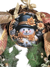 Load image into Gallery viewer, Snowman Wreath, Gold and Green Christmas, Christmas Wreath, Christmas Decor