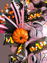Load image into Gallery viewer, Pink Happy Halloween Wreath, Halloween Decor, Candy Corn, Pumpkin