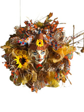 Load image into Gallery viewer, Fall Thanksgiving Scarecrow Wreath Head Mannequin Wreath Fall Decor Thanksgiving Decor