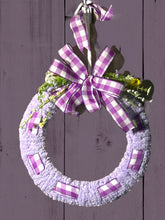 Load image into Gallery viewer, Purple and White Ribbon and Yarn Wreath