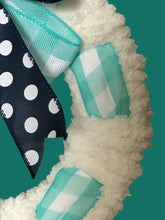 Load image into Gallery viewer, Blue and White Easter Bunny Yarn and Ribbon Wreath