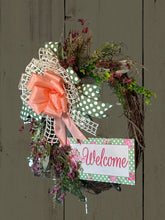Load image into Gallery viewer, Welcome Pink & Green Floral Grapevine Wreath Everyday Wreath Home Decor