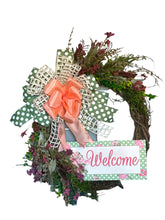 Load image into Gallery viewer, Welcome Pink & Green Floral Grapevine Wreath Everyday Wreath Home Decor