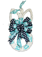 Load image into Gallery viewer, Blue and White Easter Bunny Yarn and Ribbon Wreath