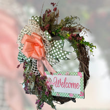 Load image into Gallery viewer, Welcome Pink & Green Floral Grapevine Wreath Everyday Wreath Home Decor