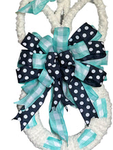Load image into Gallery viewer, Blue and White Easter Bunny Yarn and Ribbon Wreath
