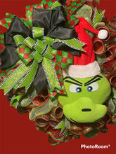 Load image into Gallery viewer, Green Monster in Santa Hat Christmas Wreath