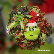 Load image into Gallery viewer, Green Monster in Santa Hat Christmas Wreath