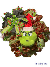 Load image into Gallery viewer, Green Monster in Santa Hat Christmas Wreath