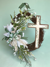 Load image into Gallery viewer, Easter Wreath, Cross Wreath, Easter Religious Decor, Easter Floral Wreath
