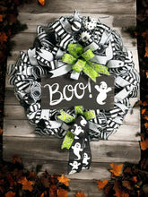 Load image into Gallery viewer, BOO Ghost Halloween Wreath, Halloween Decor, Black and White Halloween
