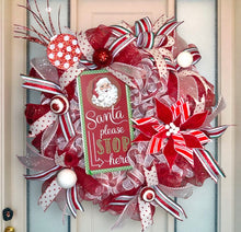 Load image into Gallery viewer, Santa Please Stop Here Christmas Wreath, Christmas Decor, Red and White Christmas
