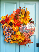 Load image into Gallery viewer, Happy Thanksgiving Wreath, Thanksgiving Decor, Faux Sunflowers and Fall Floral
