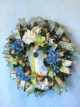 Load image into Gallery viewer, Birdhouse Wreath, Pastel Floral Wreath, Front Door Decor, Spring Summer Wreath

