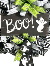 Load image into Gallery viewer, BOO Ghost Halloween Wreath, Halloween Decor, Black and White Halloween
