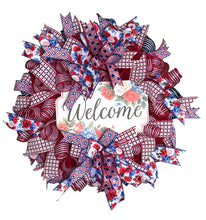 Load image into Gallery viewer, Welcome Wreath, Spring Summer Decor, Porch Decor, Red White and Blue, Floral Decor
