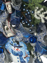 Load image into Gallery viewer, Snowman Wreath, Blue and Silver Christmas, Winter Wreath, Christmas Decor
