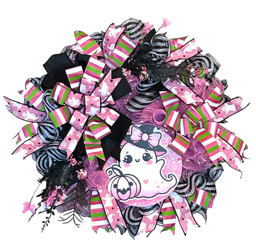Pink Ghost Halloween Wreath, Halloween Decor, Pink and Black Halloween