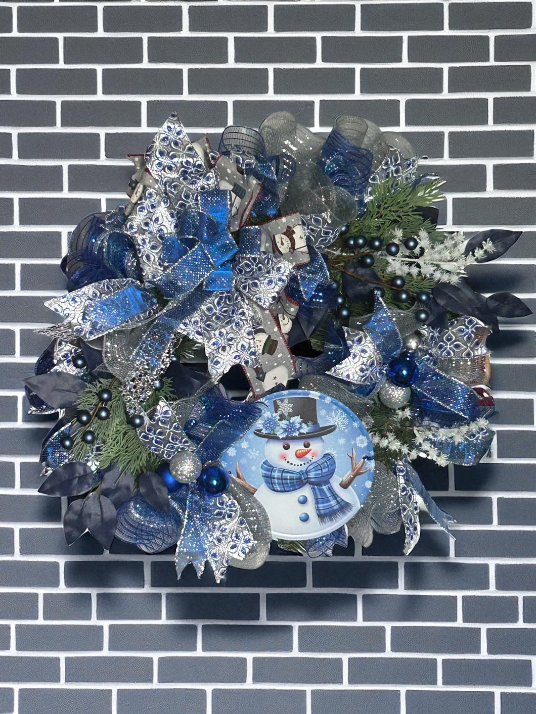 Snowman Wreath, Blue and Silver Christmas, Winter Wreath, Christmas Decor