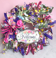 Load image into Gallery viewer, Welcome Spring Wreath, Bright Everyday Wreath, Front Porch Decor, Floral Wreath

