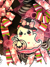 Load image into Gallery viewer, Pink Ghost Halloween Wreath, Halloween Decor, Pink and Black Halloween
