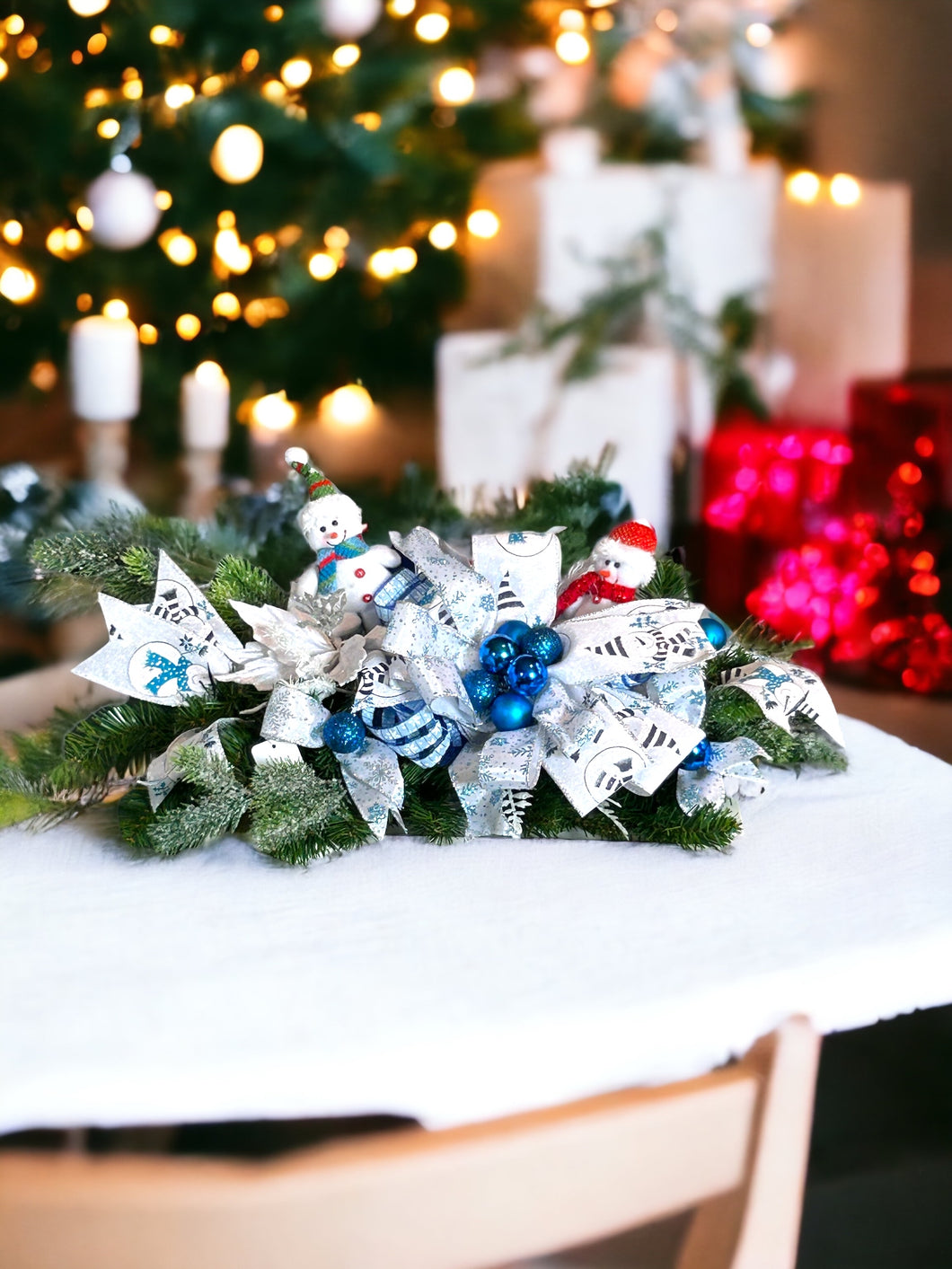 Blue and White Snowman Christmas Centerpiece, Christmas Decor, Snowman, Winter Decor