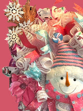 Load image into Gallery viewer, Snowman Christmas Wreath, Pink Christmas, Christmas Decor, Winter Wreath
