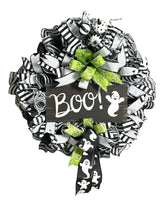 Load image into Gallery viewer, BOO Ghost Halloween Wreath, Halloween Decor, Black and White Halloween
