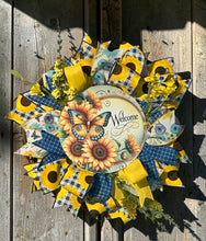 Load image into Gallery viewer, Welcome Wreath, Butterflies and Sunflowers, Spring Summer Decor
