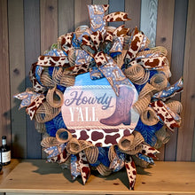 Load image into Gallery viewer, Howdy Y’All Wreath, Cowboy Wreath, Cowboy Decor, Boot Cowboy, Barn Decor, Western
