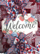 Load image into Gallery viewer, Welcome Wreath, Spring Summer Decor, Porch Decor, Red White and Blue, Floral Decor
