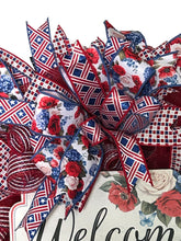 Load image into Gallery viewer, Welcome Wreath, Spring Summer Decor, Porch Decor, Red White and Blue, Floral Decor
