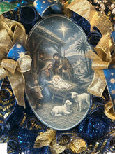 Load image into Gallery viewer, Nativity Christmas, Religious Christmas, Christmas Wreath, Blue and Gold Christmas
