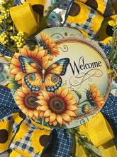 Load image into Gallery viewer, Welcome Wreath, Butterflies and Sunflowers, Spring Summer Decor
