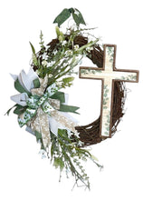 Load image into Gallery viewer, Easter Wreath, Cross Wreath, Easter Religious Decor, Easter Floral Wreath
