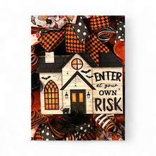 Load image into Gallery viewer, Enter at Your Own Risk Halloween Wreath, Halloween Decor, Haunted House
