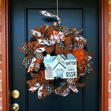 Load image into Gallery viewer, Enter at Your Own Risk Halloween Wreath, Halloween Decor, Haunted House
